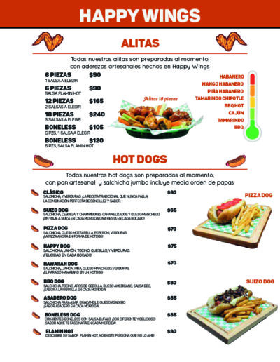 Menú de Alitas y hotdogs